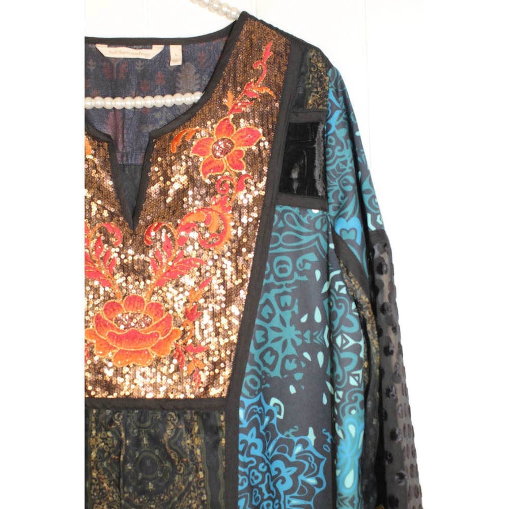 Soft Surroundings Adassa Tunic Top Sequin Velvet Patchwork Bohemian SZ Large - Picture 3 of 11